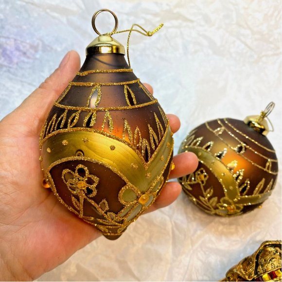 Brown W Gold Decor Glass Ball Teardrop N A King Christmas Ornaments Set of 3 - Picture 9 of 11